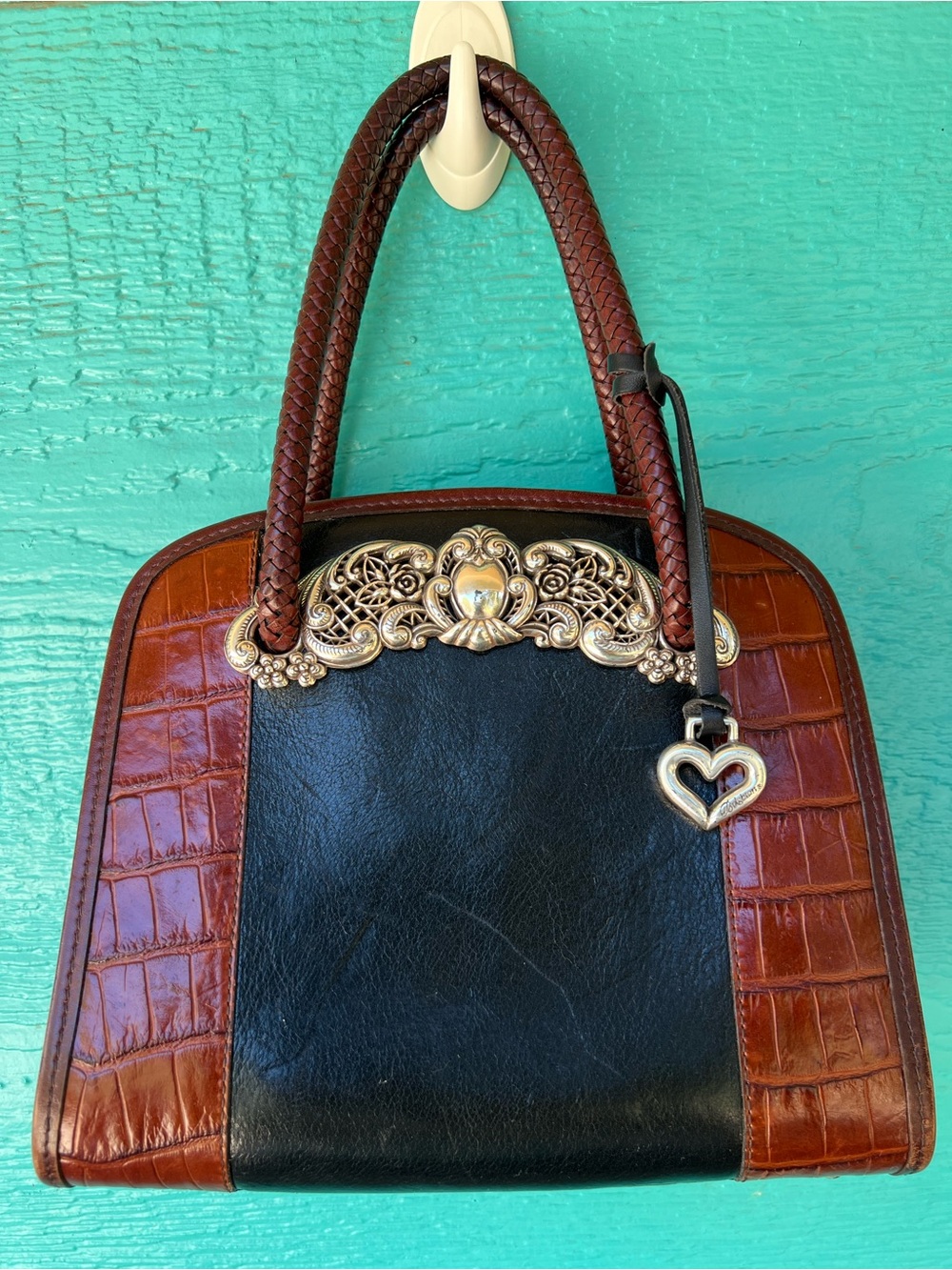 Brighton Chantilly Satchel Dome Handbag Black Brown Leather Victorian Embellishe